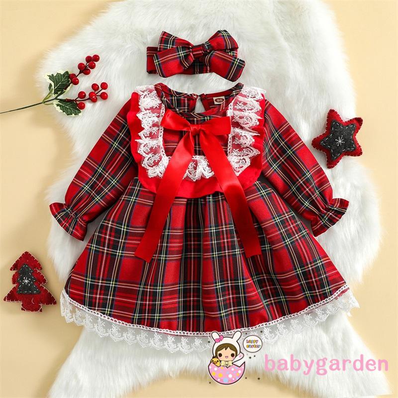 babygarden-ชุดเดรส-คอกลม-แขนยาว-ทรงเอ-แต่งลูกไม้-ลายสก๊อตคริสต์มาส-พร้อมที่คาดผม-สําหรับเด็กผู้หญิง-อายุ-6-เดือน-4-ปี