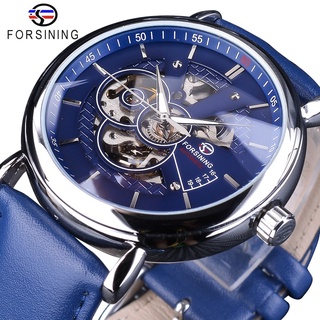 Forsining 2018 Fashion Casual Blue Clock Open Work Design Genuine Leather Belt Mens Automatic Wristwatches Top Brand Lu