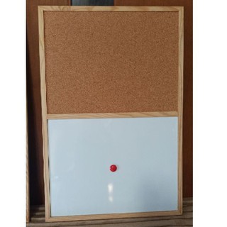 บอร์ดผสม บอร์ดไม้ก๊อก memo board + ไวท์บอร์ดแม่เหล็ก magnetic whiteboard 60*90 ซม. ขอบไม้ แถมหูแขวนและหมุด