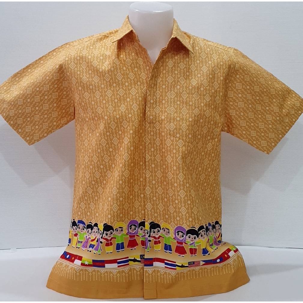 เสื้อเชิ๊ตอัดกาวสีเหลืองทองลายมัดหมี่อาเซียน-ชาย