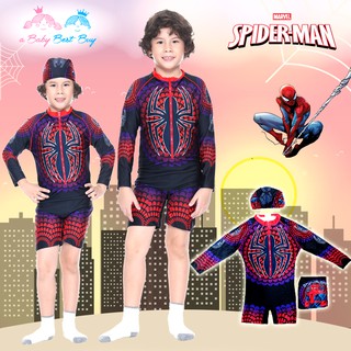 ชุดว่ายน้ำเด็กผู้ชาย Spiderman บอดี้สูทเสื้อแขนยาวกางเกงขาสั้น มาพร้อมหมวกว่ายน้ำและถุงผ้า ลิขสิทธิ์แท้