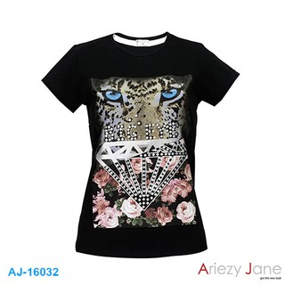 Ariezy Jane AJ-16032 เสื้อยืดคอกลมแขนสั้นพิมพิ์ลายสีดำ ผ้า 100%cotton