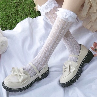 ถุงเท้าข้อสูง ผ้าตาข่าย แต่งลูกไม้ สีดํา สีขาว สไตล์โลลิต้า ญี่ปุ่น แฟชั่นฤดูร้อน สําหรับเด็กผู้หญิง