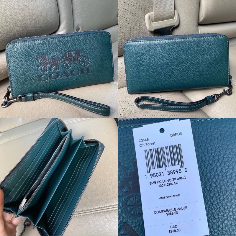 สด-ผ่อน-กระเป๋าสตางค์ซิปรอบ-มีสายคล้อง-สีเขียว-สีส้ม-coach-c3548-long-zip-around-wallet