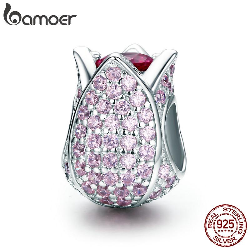 BAMOER Tulip Flower Petals Beads fit Women Bracelet &amp; Necklaces DIY 925 Sterling Silver Pink CZ SCC569