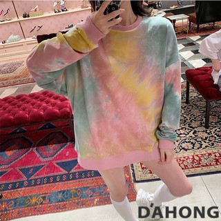 Dahong 💖 เสื้อโอเวอร์ไซส์ แขนยาว คอกลม จั้มปลายแขน ลายมัดย้อม สีสดใส ลายพาสเทล น่ารัก 19742 เสื้อครอป