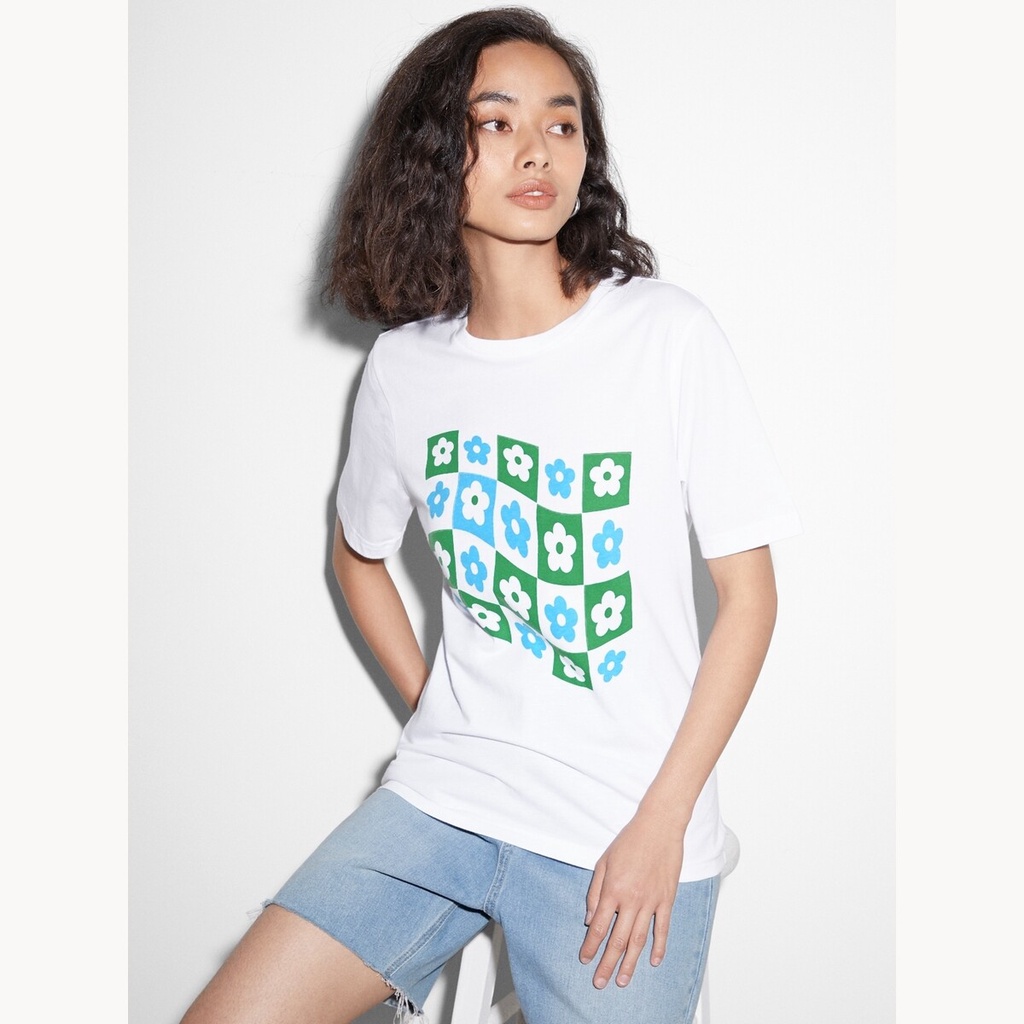 เสื้อยืดผ้าฝ้ายพิมพ์ลายขายดี-สตรีทแฟชั่น-pomelo-เสื้อทีเชิ้ตพิมพ์ลายตารางดอกไม้เป็นมิตรต่อสิ่งแวดล้อม-เสื้อยืด-ผู้หญิงคอ