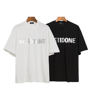 เสื้อยืดสีขาวเสื้อยืดแขนสั้น พิมพ์ลายตัวอักษร WE11 สีเงิน สไตล์สตรีท สําหรับผู้หญิง และผู้ชาย