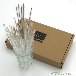 หลอด หลอดแก้วดูดน้ำ ใช้ซ้ำได้ 8มม.x200มม. 50ชิ้น ฟรี 5แปรงทำความสะอาด Reusable Drinking Straws Set with Cleaning Brush