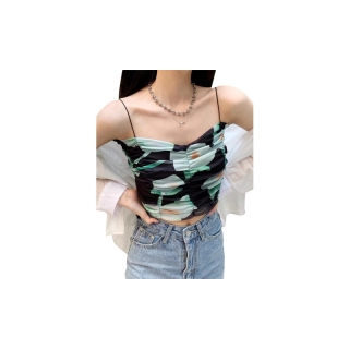 Cicishop(D56)Tank Top เสื้อสายเดี่ยวครอปผ้าแต่งย่น ลายดอกไม้ ลุคสไตล์โคเรีย