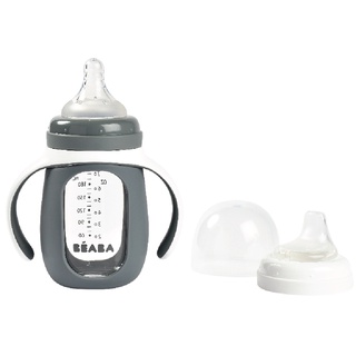 BEABA ถ้วยหัดดื่ม 2 in 1 Glass Learning Bottle 210 ml with Silicone Protective Sleeve 210 ml - Charcoal