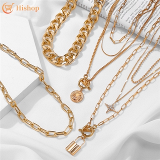 สินค้า Women Multilayer Pendant Gold Chain Choker Fashion Retro Pearl Metal Korean Style Lock Necklace Jewelry Accessories