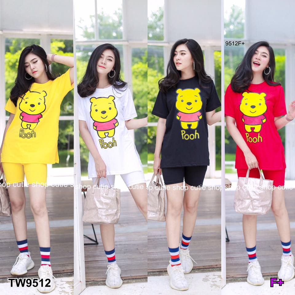 เสื้อคอกลมผ่าข้างลายการ์ตูน-กางเกงเลคกิ้งขาสั้นบอดี้ฟิต-tw9512