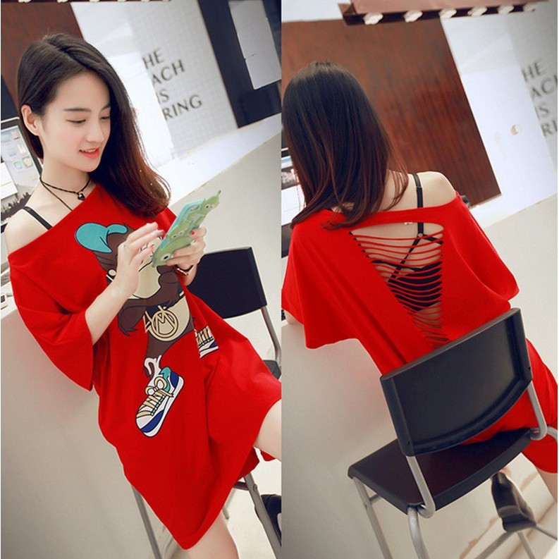 ภาพหน้าปกสินค้าชุดเดรสสำหรับสตรีแขนยาวเปิดไหล่พิมพ์ลายการ์ตูนสไตล์เกาหลี