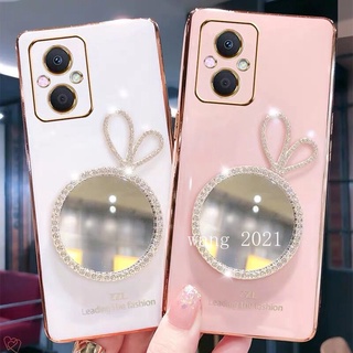 2022 New Phone Case เคส OPPO Reno7 Z 5G 4G Reno7 Pro A76 A96 Casing Straight Edge Plating Makeup Mirror with Crown Ultra-thin Silicone Soft Case เคสโทรศัพท