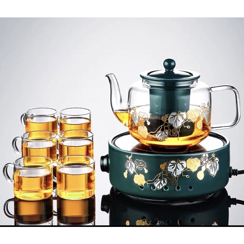 พร้อมส่ง-ส่งฟรี-ชุดเตาต้มชาไฟฟ้า-ลายเครือเถาวัลย์ทอง-เตาไฟฟ้า-เตาต้มชา-กาต้มชา-teapot