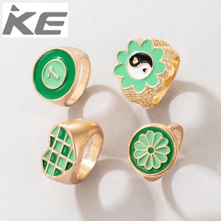 Simple green small fresh ring contrast color Tai Chi flower grid love number 7 drops of ring 4