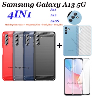 (4 in 1) Samsung Galaxy A13 5G A11 A12 A10S A10 เคสโทรศัพท์มือถือพร้อมฟิล์มกระจกนิรภัยแบบแปรงเคสโทรศัพท์ + ฟิล์มด้านหลัง + ฟิล์มเลนส์