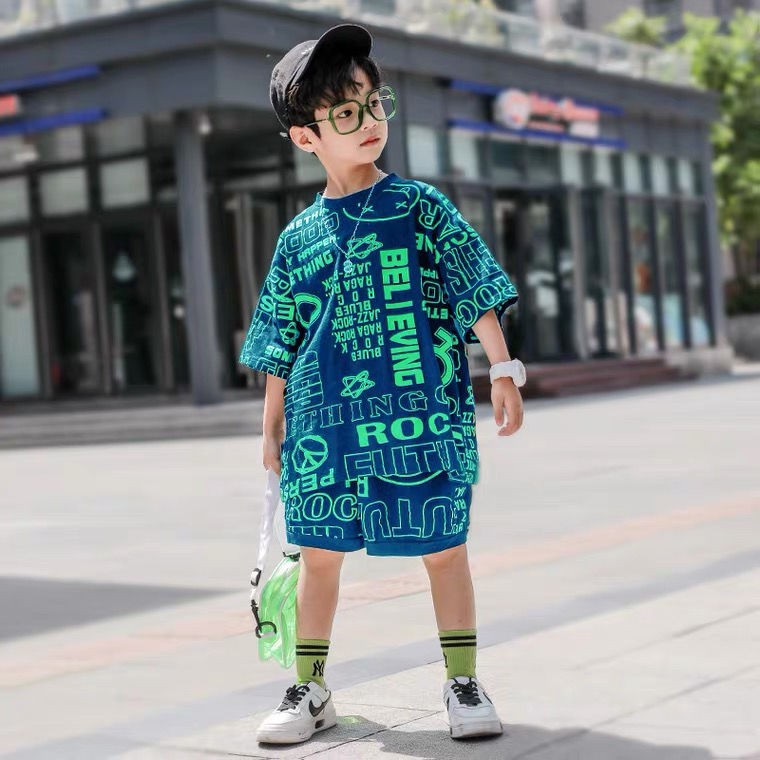 เกาหลีขายร้อน-เสื้อและกางเกงขาสั้น-ชุดเด็กผู้ชายผ้าฝ้ายแท้ในช่วงฤดูร้อนหล่อ-2021-ใหม่เด็กอินเทรนด์ฤดูร้อนแขนสั้นชายแ