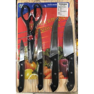 ชุดมีดสแตนเลส 4 knife ชุดมีดสแตนเลส กรรไกร 1 ชิ้น พร้อมเขียงไม้ set มีดทำครัวสแตนเลส อเนกประสงค์ 6 ชิ้นT0825