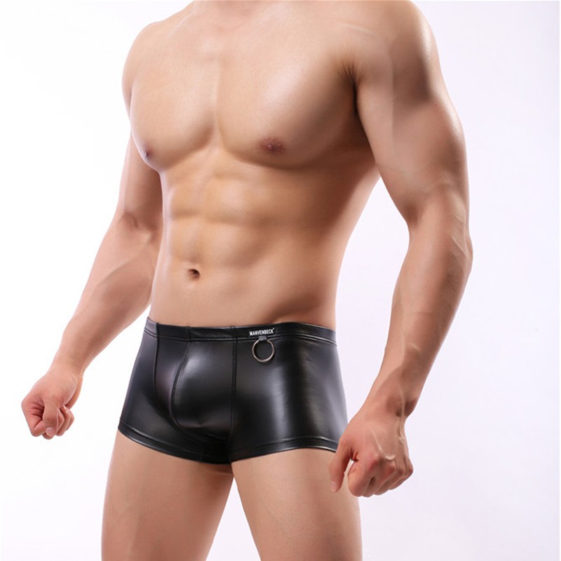 กางเกงในชาย-กางเกงในชายตกแต่งโลหะ-กางเกงบ็อกเซอร์หนังเทียม-men-faux-leather-men-boxers-ring-decoration