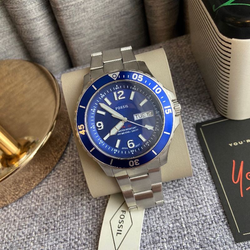 สด-ผ่อน-นาฬิกา-สีเงิน-หน้าปัดสีน้ำเงิน-fs5691-fossil-three-hand-date-stainless-steel-watch-ขนาด-48-มิล