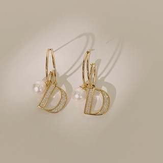 925 silver needle diamond letter earrings pearl earrings Korean simple design style personality earrings temperament for