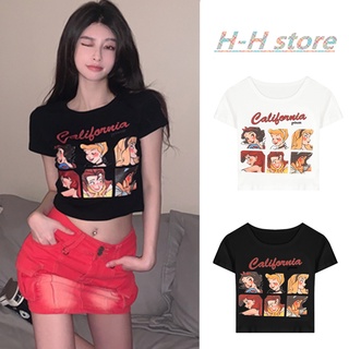 เสื้อยืดแขนสั้นพิมพ์ลายการ์ตูนหวานๆ เสื้อครอป ทรงเข้ารูป น่ารัก สไตล์เกาหลี