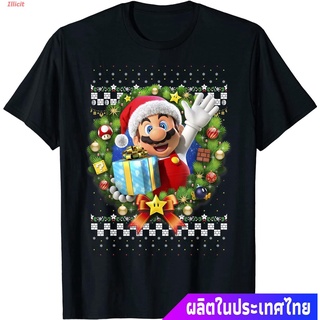 Tee เสื้อยืดแขนสั้น Super Mario 3D Christmas Wreath Present Graphic T-Shirt Mens Womens T-shirts 80