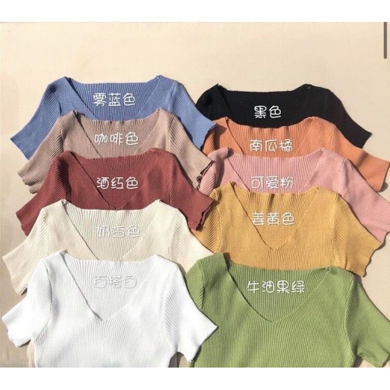 พร้อมส่ง-เสื้อไหมพรมแขนสั้น-คอวี-เนื้อนิ่ม-เข้ารูป-free-size