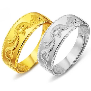 แหวนแฟชั่นผู้ชายผู้หญิงไทเทเนียมสีเงินและทอง 24 K รูปมังกร