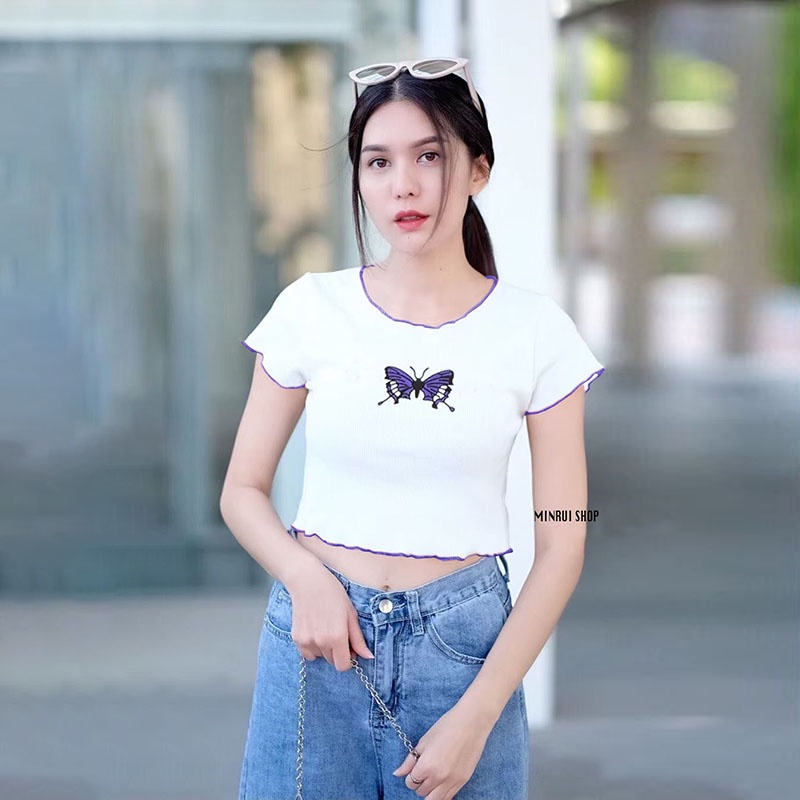 เสื้อครอปแขนสั้นผ้ายืดผ้านุ่มๆ-ยี่ห้อbykim-b1
