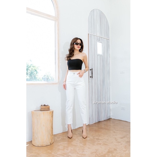 กางเกงยีนส์ขาวทรงกระบอกเล็ก-ผ้าผสมยืด-เอวสูง-jiranan-studio-รุ่น-51182