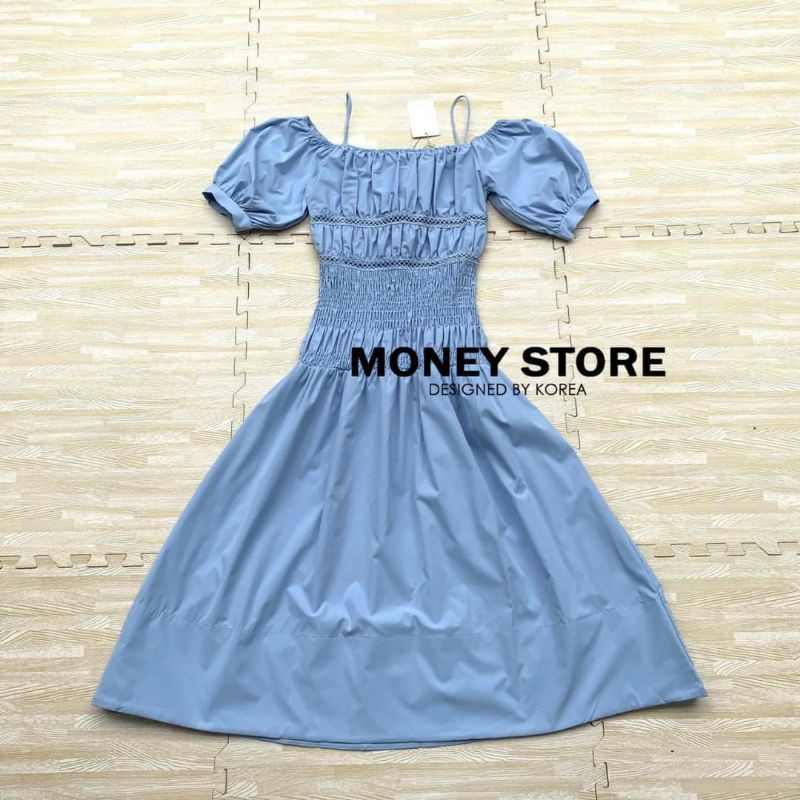 moneystore-เดรสสีฟ้า-สม้อกช่วงเอว-ความยาวกำลังพอดี