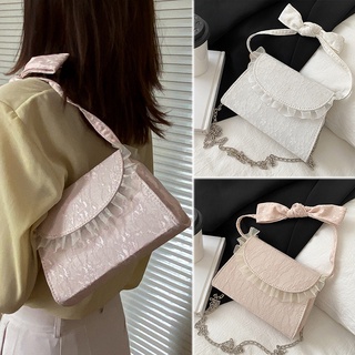 Women Vintage Handbag Lace Mesh Pearl Chain Travel Bag Bow Shoulder Tote Bag