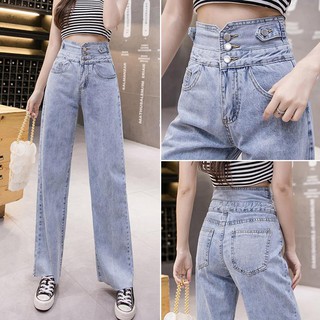 ✨ ZQ กางเกงยีนส์เอวสูง สไตล์เกาหลี กางเกงยีนส์ขายาว ลายอักษร ดูผอมและตรง