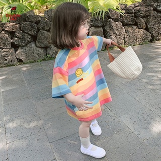 สินค้า 2021เสื้อผ้าเด็กใหม่สาวเกาหลีลายสายรุ้งแขนสั้นยาวTเสื้อเด็กชุด