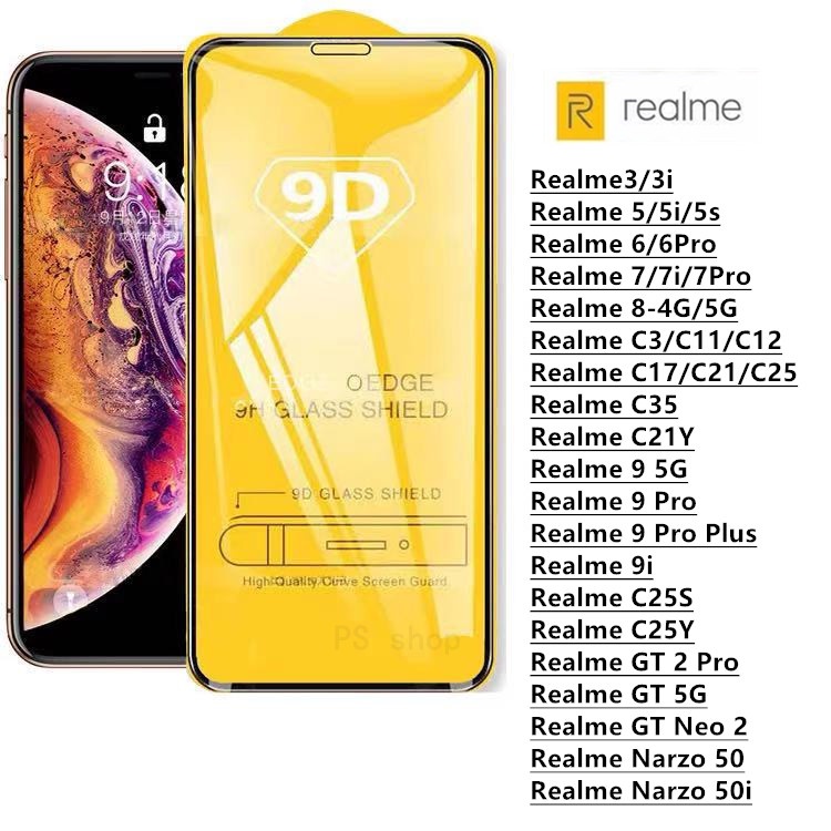 รูปภาพสินค้าแรกของฟิล์มกระจกนิรภัย 9D เต็มกาว OPPO Realme C25 C21 C17 C12 C11 C3 Realme8 Realme7 Pro 7i 7 Realme6 6Pro Realme 5/5i/5s 3 3i