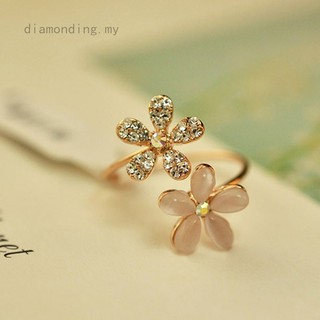 Opal Double Daisy Flower Adjustable Ring Lovely Rhinestone Jewelry For Women