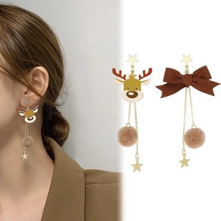 ภาพหน้าปกสินค้า[Christmas Products]Women Cute Christmas Elk Bow Asymmetry Tassel Dangle Earring ที่เกี่ยวข้อง