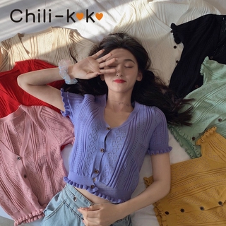 Chili_k❤️k❤️ 215 ^^พร้อมส่ง^^ เสื้อครอปแขนสั้น คอวี กระดุมหน้าถอดได้ น่ารัก​ มี 8สี ให้เลือก