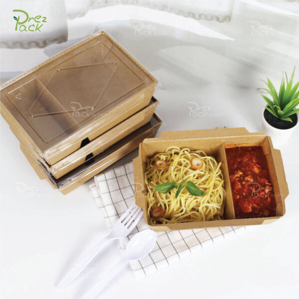 กล่องกระดาษใส่อาหารพร้อมฝาปิดใส-70-oz-2100-ml-2-ช่อง-สีคราฟท์-food-paper-box