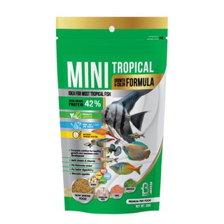 สินค้า อาหารปลา บูสท์ Boost Mini Tropical สำหรับปลาขนาดเล็ก เม็ดเป็นแบบเกล็ดผง ชนิดจมช้า ขนาด 60กรัม