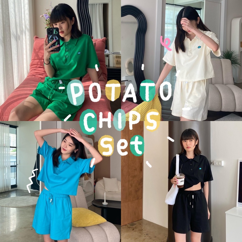 chuuchop-พร้อมส่ง-c7718-potato-chips-set-ชุดเซ็ตเสื้อโปโลครอปแขนสั้นและกางเกงขาสั้น-มี4สี