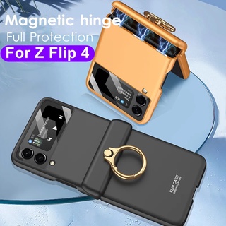 เคสโทรศัพท์มือถือพลาสติก ผิวด้าน พร้อมแหวนแม่เหล็ก ป้องกันเลนส์ สําหรับ Samsung Galaxy Z Flip4 Flip3 5G Z Flip 4 Z Flip 3