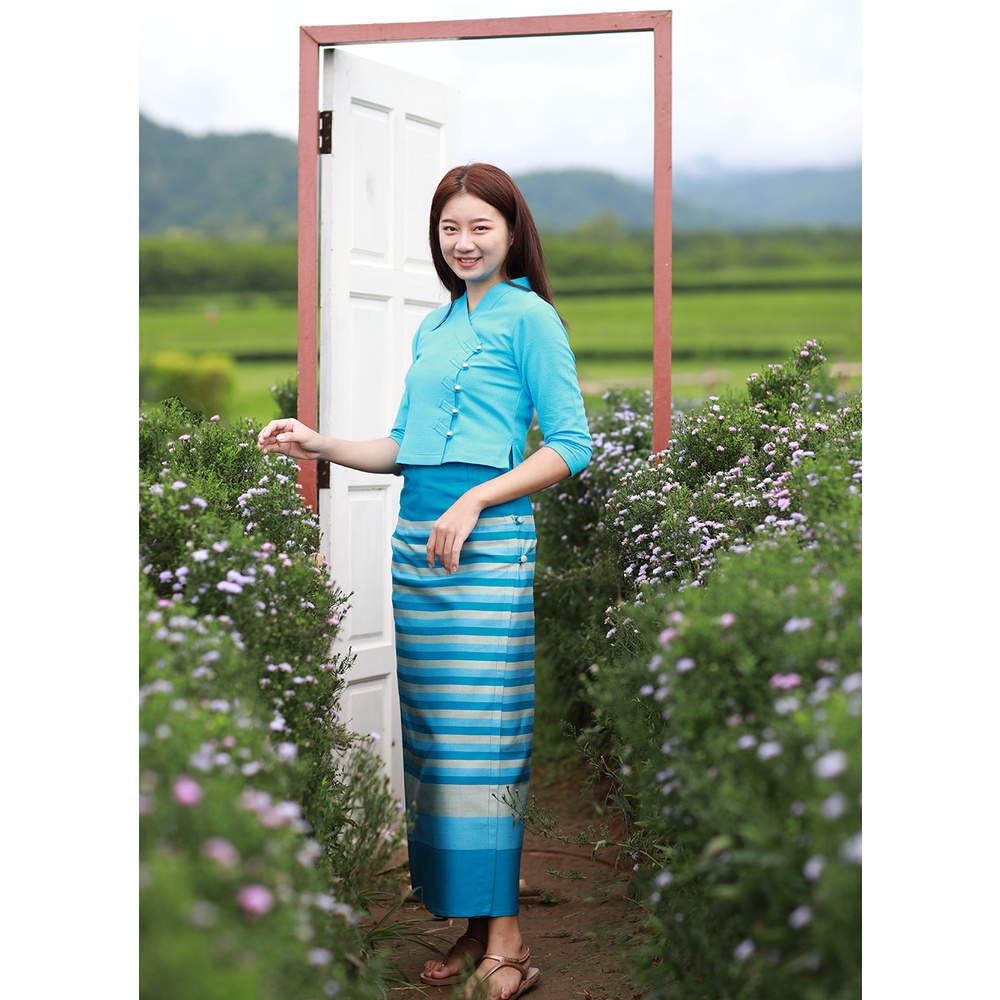 50001-เสื้อผ้าฝ้ายชินมัย-กรองทอง-สีฟ้า