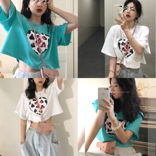 ⚡️Show Me LOVERS Crop-tee⚡️เสื้อครอปทรงโอเวอร์ไซส์ พื้นหัวใจลายวัว มีสองสี เขียว ขาว