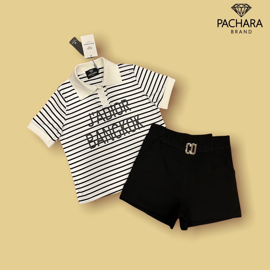 pachara-เซ็ต-2-ชิ้น-เสื้อคอปกแขนสั้นลายริ้ว-แมทช์คู่กับกางเกงเกงขาสั้นสีดำ-แต่งหัวเข็มขัดแบรนด์-เนื้อผ้าหนางานมีซับในค่ะ