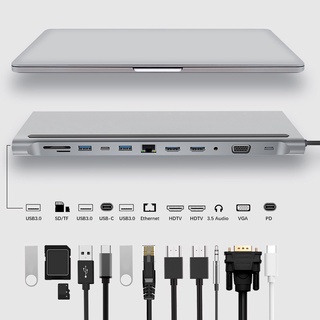 12in1 ฮับ Type-C เป็น HDMI VGA 3.5 มม. อ่านเสียง TF SD USB3.0 PD ชาร์จ USB C สําหรับแล็ปท็อป