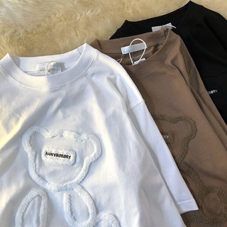 เสื้อยืดแขนห้าส่วนลําลอง ปักลายหมี ทรงหลวม แฟชั่นฤดูร้อน สไตล์มินิมอล สําหรับสตรี